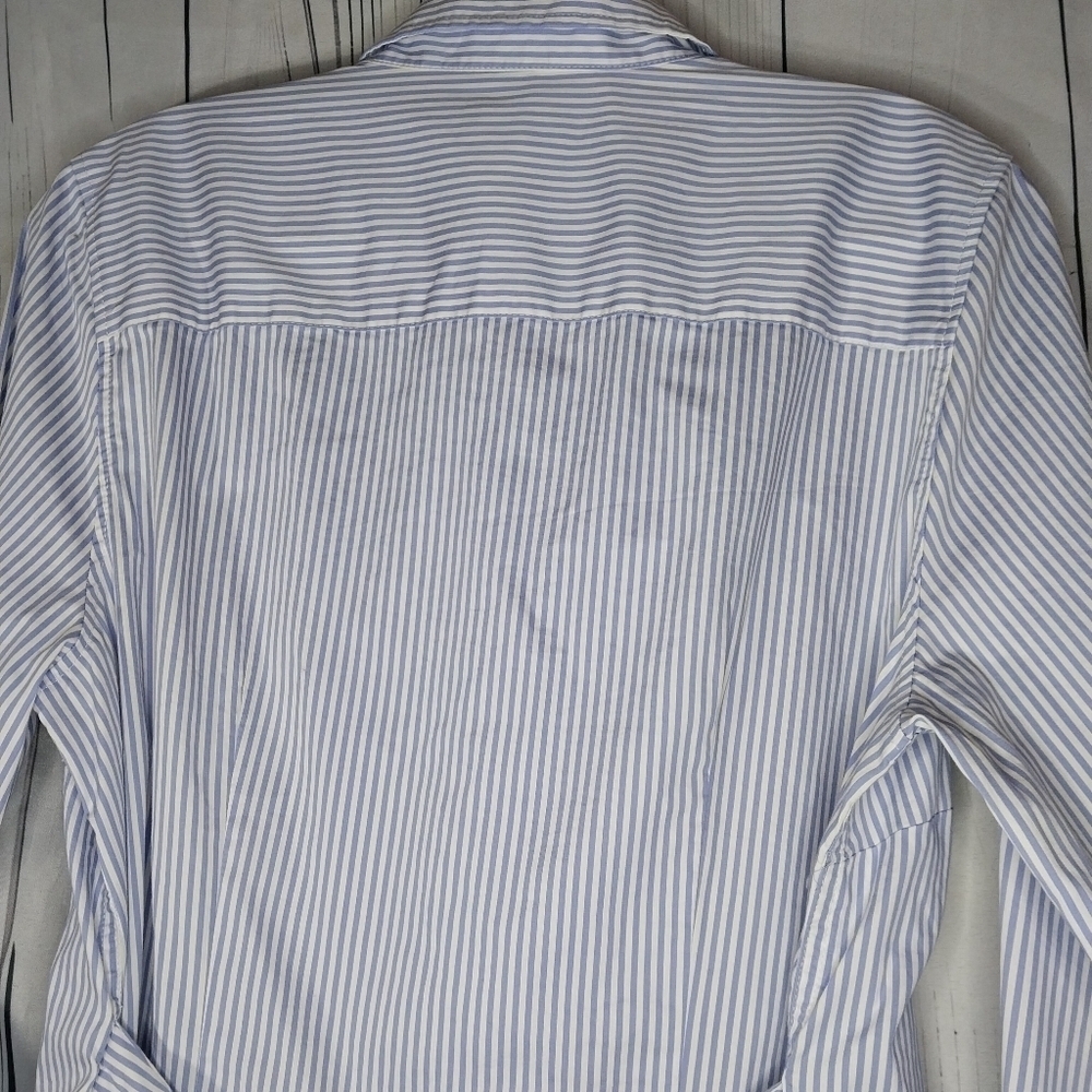 UNTUCKit Blue And White Pinstripe Tie Waist Long Sleeve Shirt Dress - Picture 12 of 13